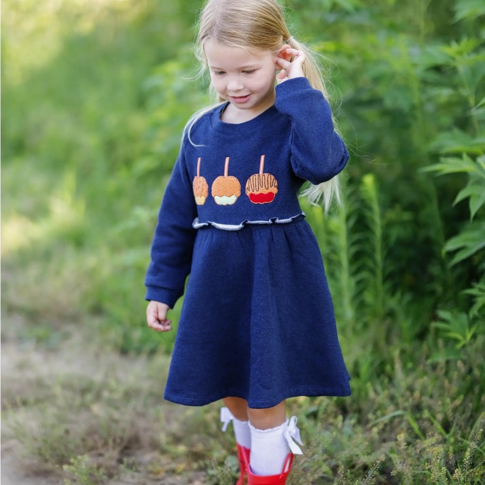 Monica + Andy / organic cotton Navy Blue Dress with Candy Apple Design
